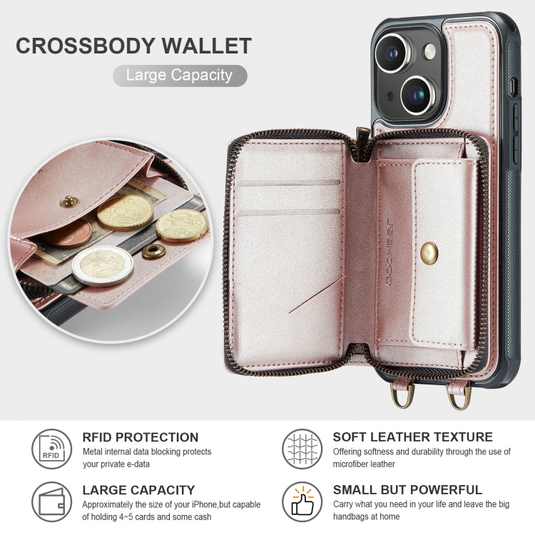 For iPhone 13 JEEHOOD C22 Series Zipper Wallet Leather Phone Case with Dual Lanyard(Rose Gold) - HoMEdemic™ 