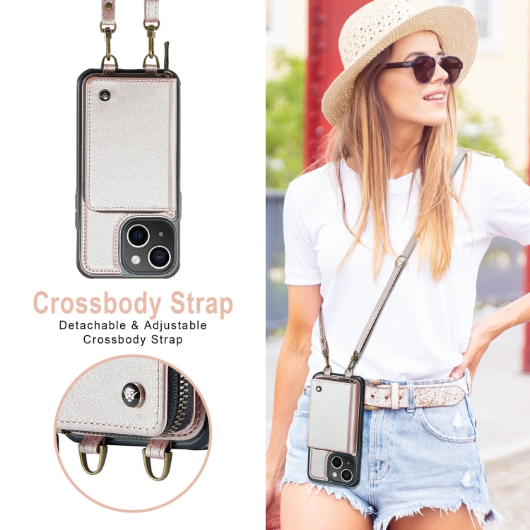For iPhone 13 JEEHOOD C22 Series Zipper Wallet Leather Phone Case with Dual Lanyard(Rose Gold) - HoMEdemic™ 