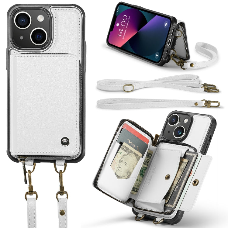 For iPhone 13 JEEHOOD C22 Series Zipper Wallet Leather Phone Case with Dual Lanyard(White) - HoMEdemic™ 