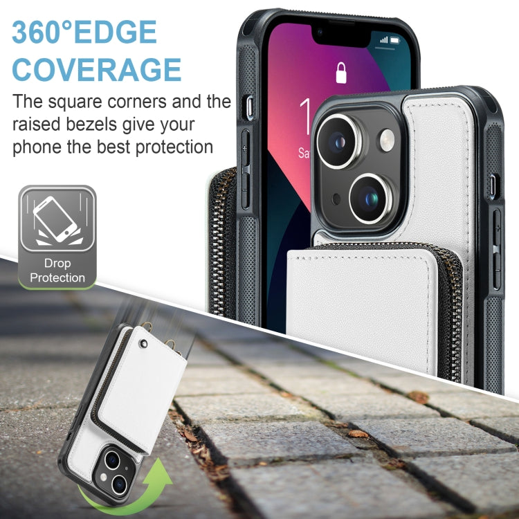 For iPhone 13 JEEHOOD C22 Series Zipper Wallet Leather Phone Case with Dual Lanyard(White) - HoMEdemic™ 