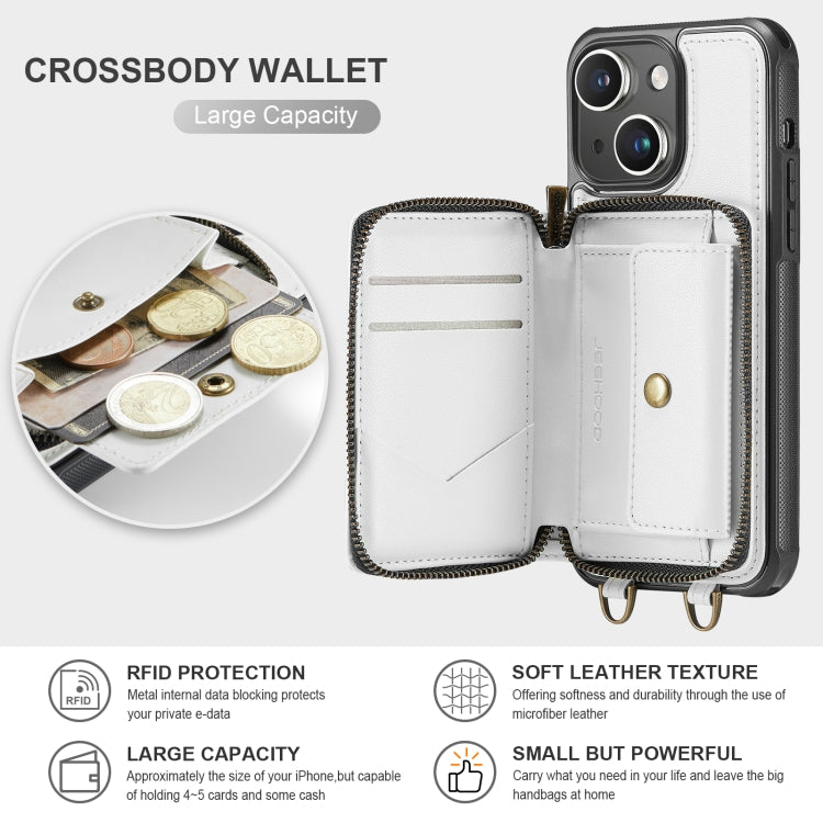 For iPhone 13 JEEHOOD C22 Series Zipper Wallet Leather Phone Case with Dual Lanyard(White) - HoMEdemic™ 