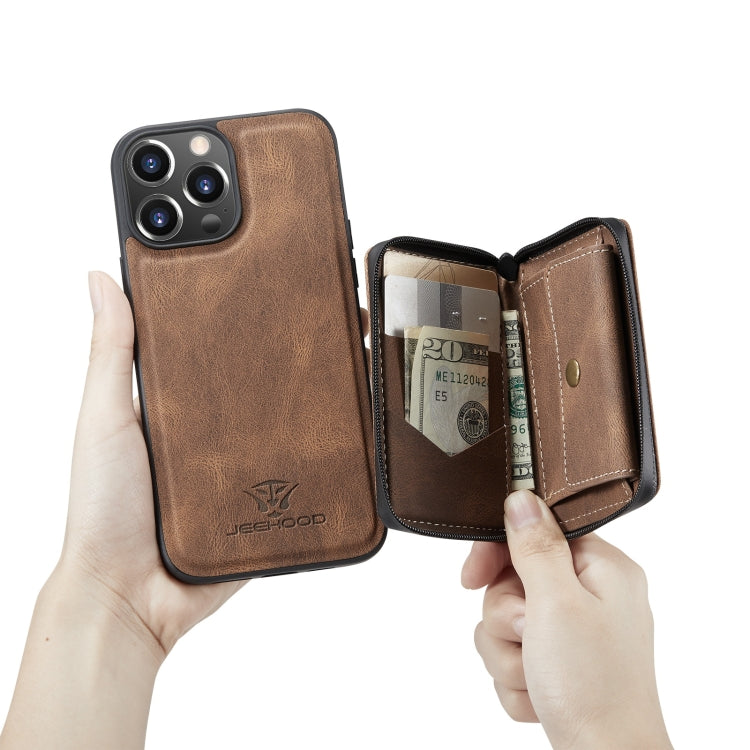 For iPhone 13 JEEHOOD Magnetic Zipper Horizontal Flip Leather Case with Holder & Card Slot & Wallet(Brown) - HoMEdemic™ 