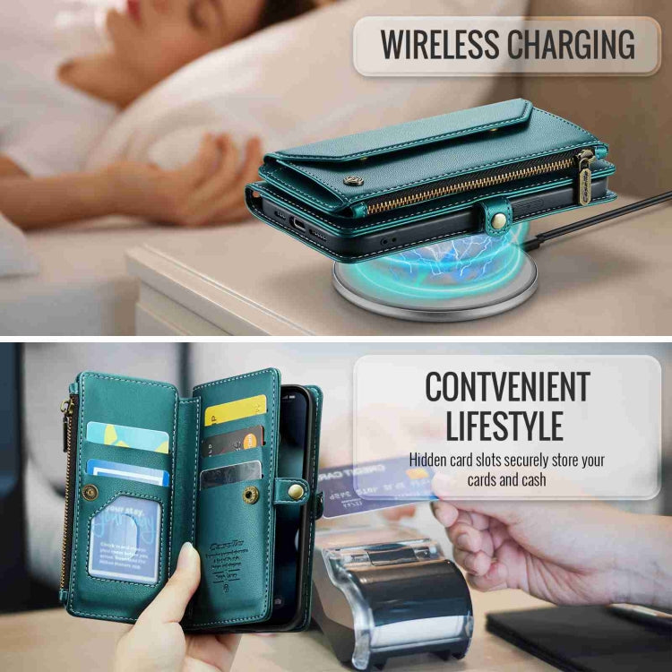 For iPhone 13 Pro CaseMe C36 Card Slots Zipper Wallet RFID Anti-theft Leather Phone Case(Blue-green) - HoMEdemic™ 