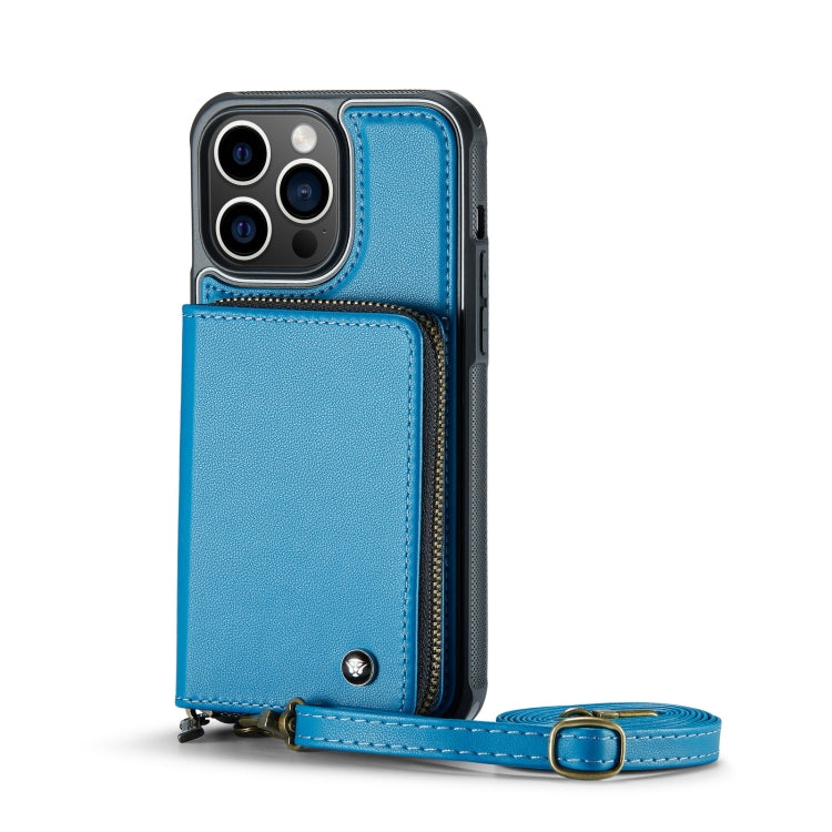 For iPhone 13 Pro JEEHOOD C22 Series Zipper Wallet Leather Phone Case with Dual Lanyard(Blue) - HoMEdemic™ 