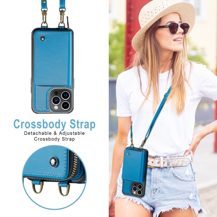 For iPhone 13 Pro JEEHOOD C22 Series Zipper Wallet Leather Phone Case with Dual Lanyard(Blue) - HoMEdemic™ 