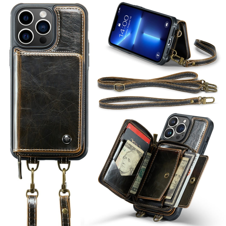 For iPhone 13 Pro JEEHOOD C22 Series Zipper Wallet Leather Phone Case with Dual Lanyard(Coffee) - HoMEdemic™ 