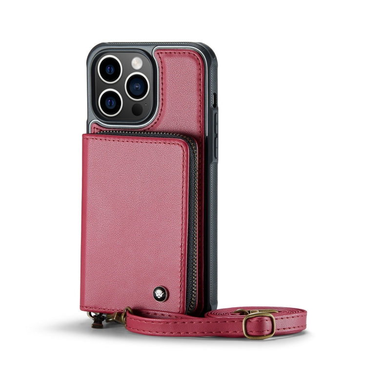 For iPhone 13 Pro JEEHOOD C22 Series Zipper Wallet Leather Phone Case with Dual Lanyard(Red) - HoMEdemic™ 