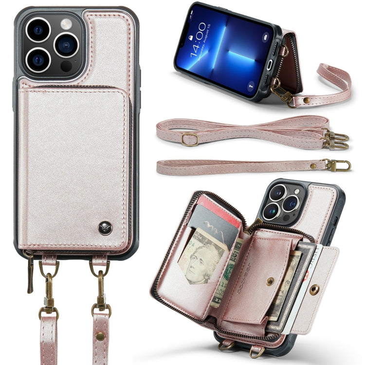 For iPhone 13 Pro JEEHOOD C22 Series Zipper Wallet Leather Phone Case with Dual Lanyard(Rose Gold) - HoMEdemic™ 