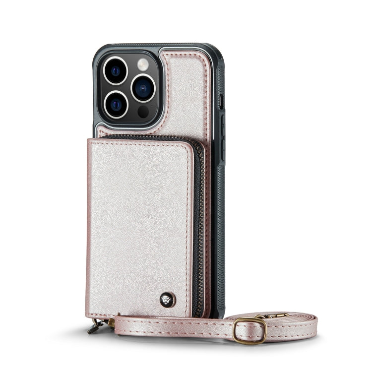 For iPhone 13 Pro JEEHOOD C22 Series Zipper Wallet Leather Phone Case with Dual Lanyard(Rose Gold) - HoMEdemic™ 