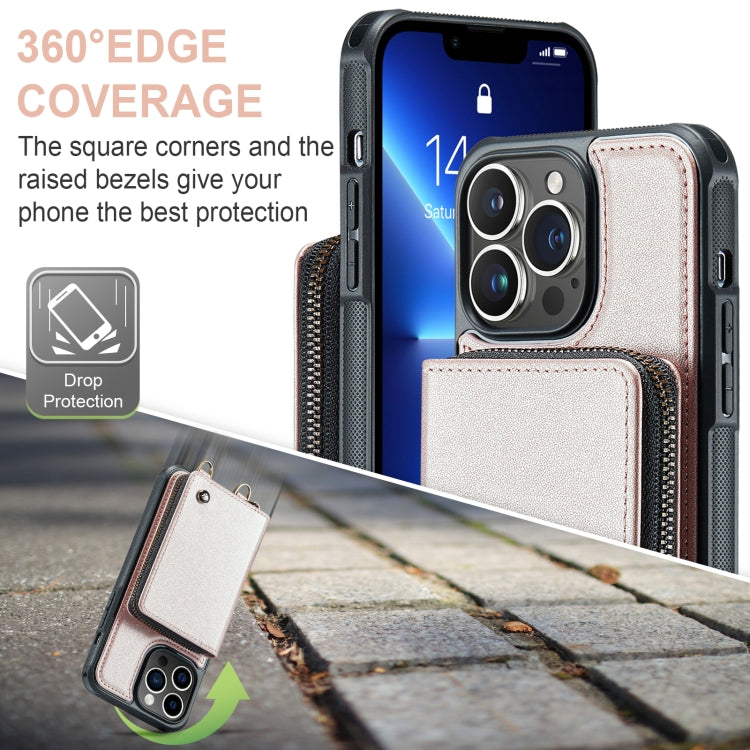 For iPhone 13 Pro JEEHOOD C22 Series Zipper Wallet Leather Phone Case with Dual Lanyard(Rose Gold) - HoMEdemic™ 