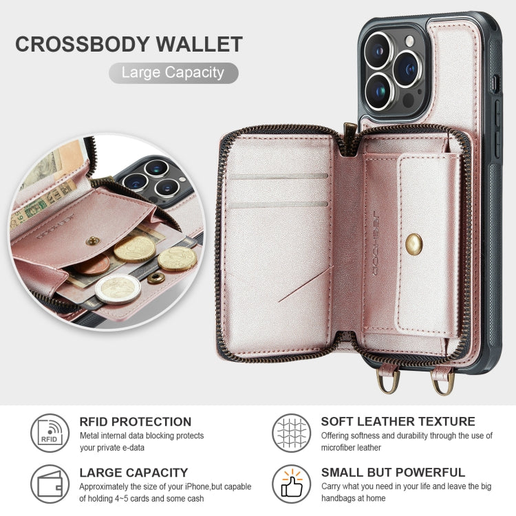 For iPhone 13 Pro JEEHOOD C22 Series Zipper Wallet Leather Phone Case with Dual Lanyard(Rose Gold) - HoMEdemic™ 