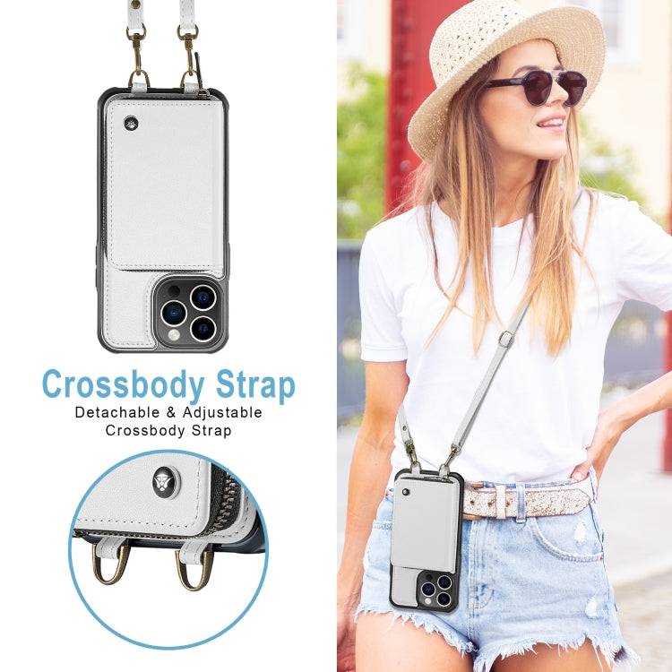 For iPhone 13 Pro JEEHOOD C22 Series Zipper Wallet Leather Phone Case with Dual Lanyard(White) - HoMEdemic™ 