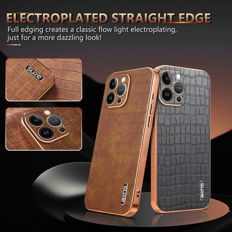 For iPhone 13 Pro Max AZNS Electroplated Frame Crocodile Texture Full Coverage Phone Case(Brown) - HoMEdemic™ 