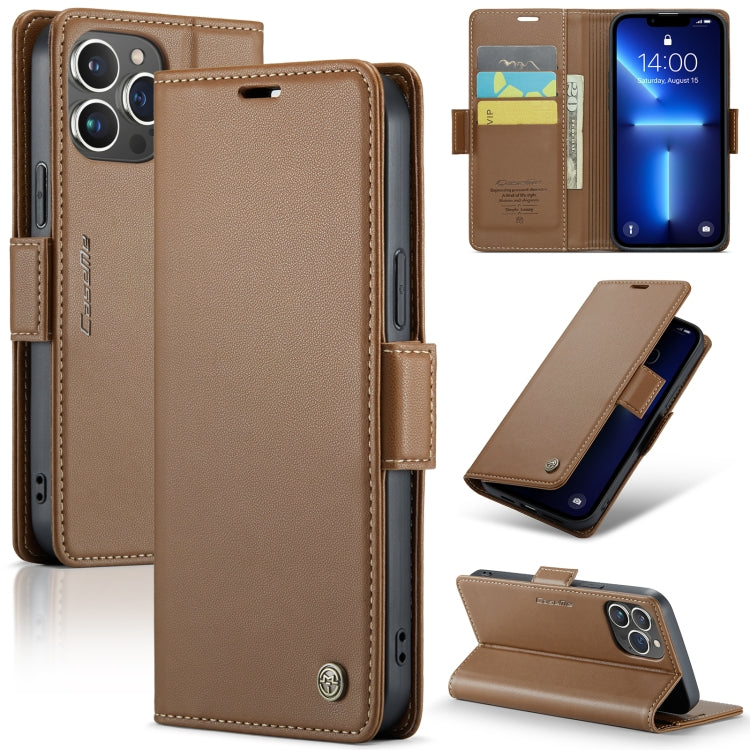 For iPhone 13 Pro Max CaseMe 023 Butterfly Buckle Litchi Texture RFID Anti-theft Leather Phone Case(Brown) - HoMEdemic™ 