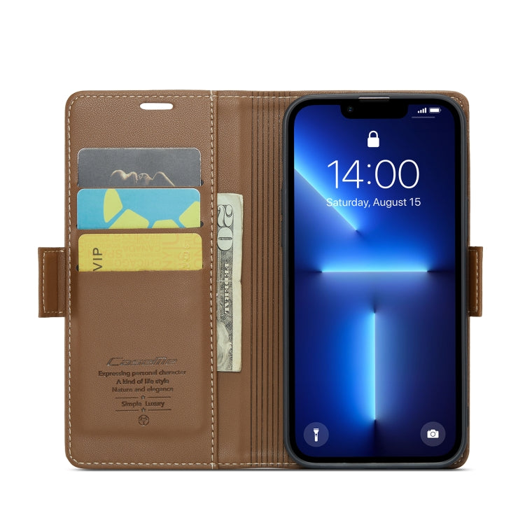 For iPhone 13 Pro Max CaseMe 023 Butterfly Buckle Litchi Texture RFID Anti-theft Leather Phone Case(Brown) - HoMEdemic™ 