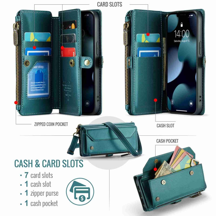For iPhone 13 Pro Max CaseMe C36 Card Slots Zipper Wallet RFID Anti-theft Leather Phone Case(Blue-green) - HoMEdemic™ 