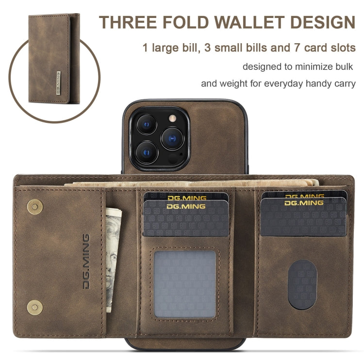 For iPhone 13 Pro Max DG.MING M1 Series 3-Fold Multi Card Wallet Shockproof Case with Holder Function (Coffee) - HoMEdemic™ 