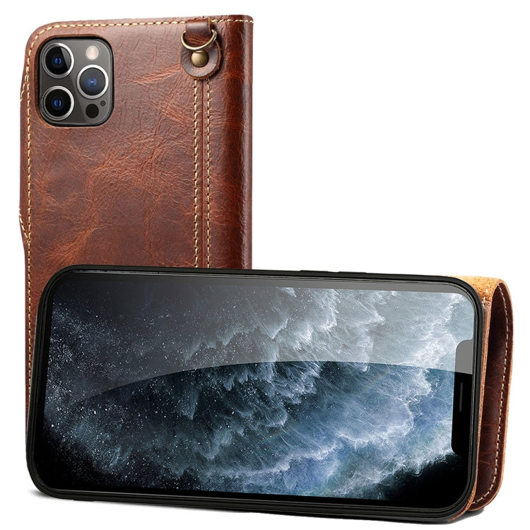 For iPhone 13 Pro Max Denior Oil Wax Cowhide Magnetic Button Genuine Leather Case(Brown) - HoMEdemic™ 