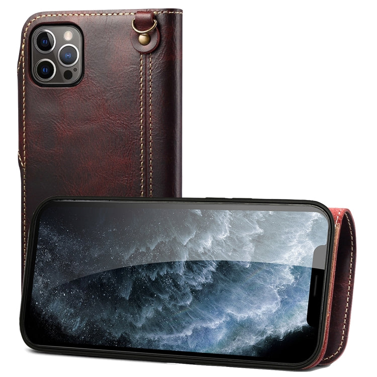 For iPhone 13 Pro Max Denior Oil Wax Cowhide Magnetic Button Genuine Leather Case(Dark Red) - HoMEdemic™ 