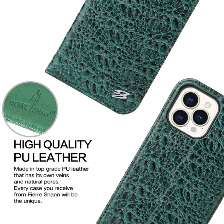 For iPhone 13 Pro Max Fierre Shann Crocodile Texture Magnetic Horizontal Flip Genuine Leather Case with Holder & Card Slot (Green) - HoMEdemic™ 