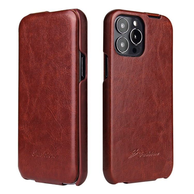 For iPhone 13 Pro Max Fierre Shann Retro Oil Wax Texture Vertical Flip PU Leather Case (Brown) - HoMEdemic™ 