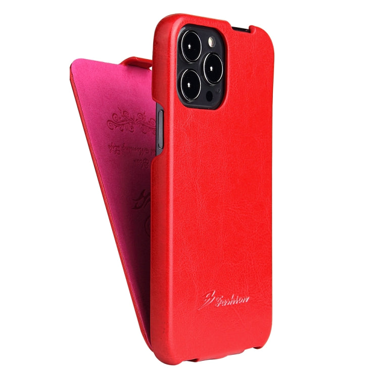 For iPhone 13 Pro Max Fierre Shann Retro Oil Wax Texture Vertical Flip PU Leather Case (Red) - HoMEdemic™ 