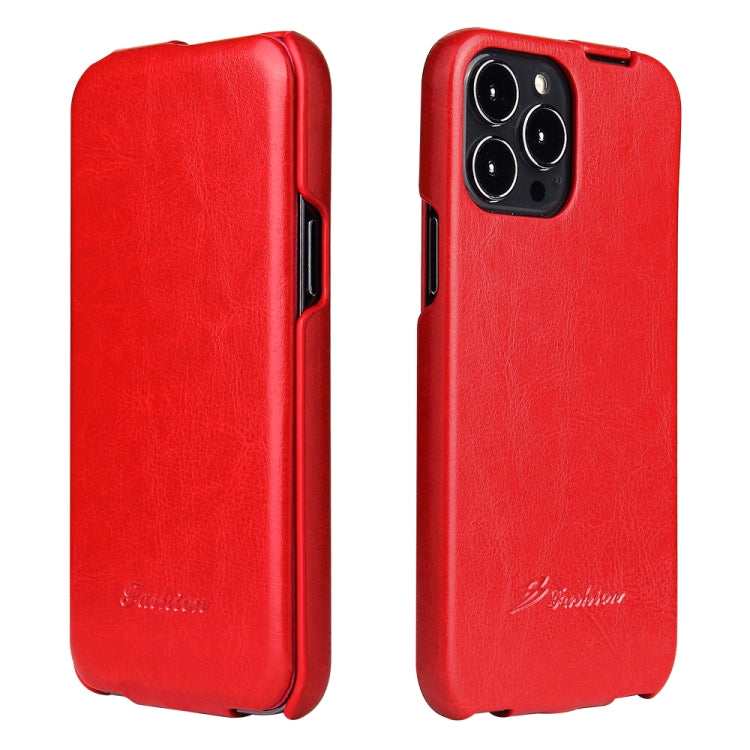 For iPhone 13 Pro Max Fierre Shann Retro Oil Wax Texture Vertical Flip PU Leather Case (Red) - HoMEdemic™ 
