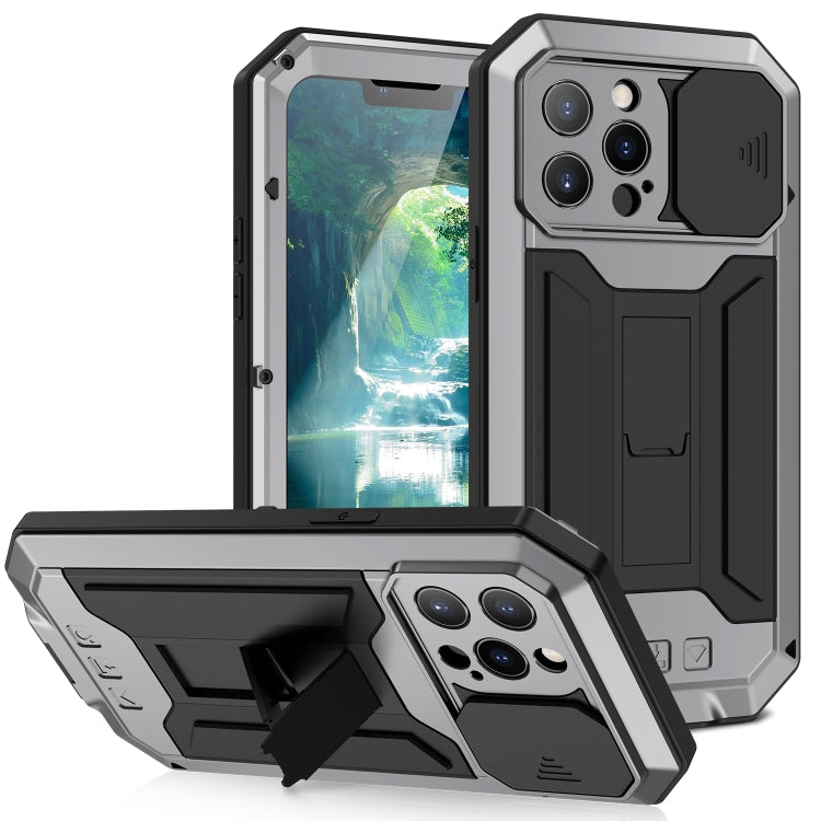 For iPhone 13 Pro Max R-JUST Sliding Camera Shockproof Life Waterproof Dust-proof Metal + Silicone Protective Case with Holder (Silver) - HoMEdemic™ 