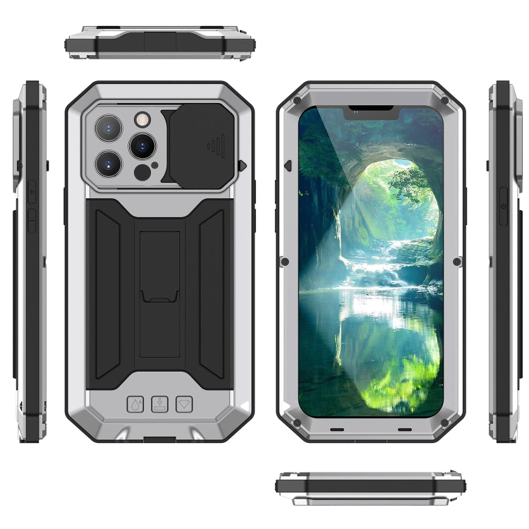 For iPhone 13 Pro Max R-JUST Sliding Camera Shockproof Life Waterproof Dust-proof Metal + Silicone Protective Case with Holder (Silver) - HoMEdemic™ 