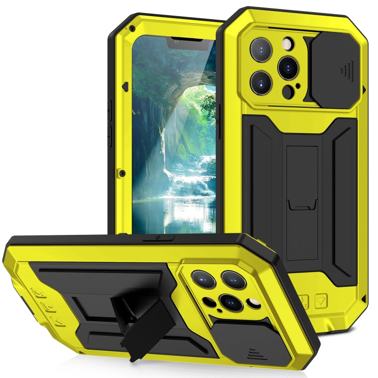 For iPhone 13 Pro Max R-JUST Sliding Camera Shockproof Life Waterproof Dust-proof Metal + Silicone Protective Case with Holder (Yellow) - HoMEdemic™ 