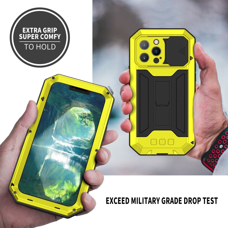 For iPhone 13 Pro Max R-JUST Sliding Camera Shockproof Life Waterproof Dust-proof Metal + Silicone Protective Case with Holder (Yellow) - HoMEdemic™ 