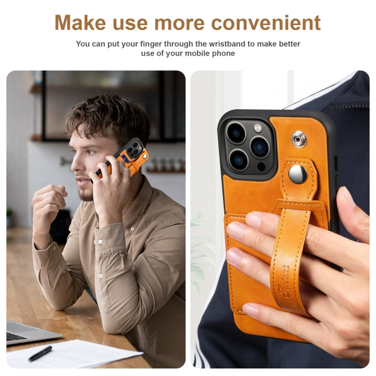 For iPhone 13 Pro Max Suteni 215 Wrist Strap PU Phone Case (Khaki) - HoMEdemic™ 