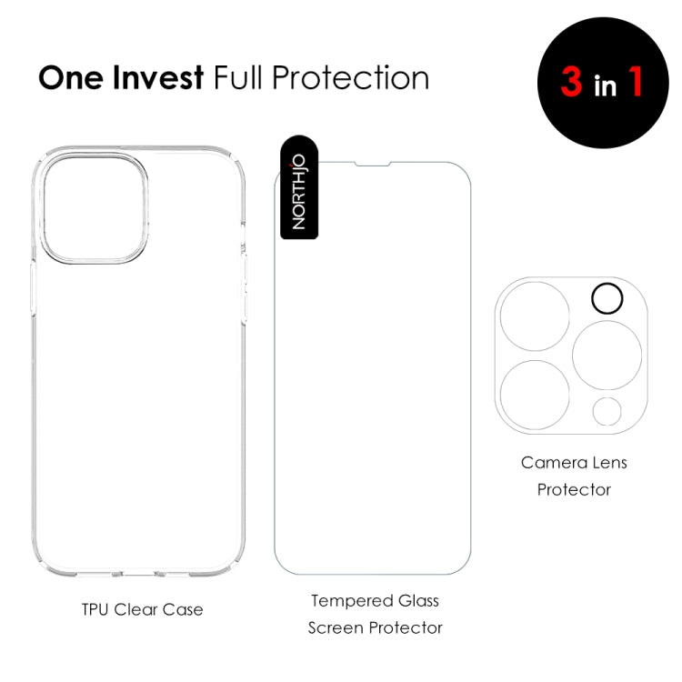 For iPhone 13 Pro NORTHJO 3 in 1 TPU Phone Case with Screen Film and Lens Film(Clear) - HoMEdemic™ 