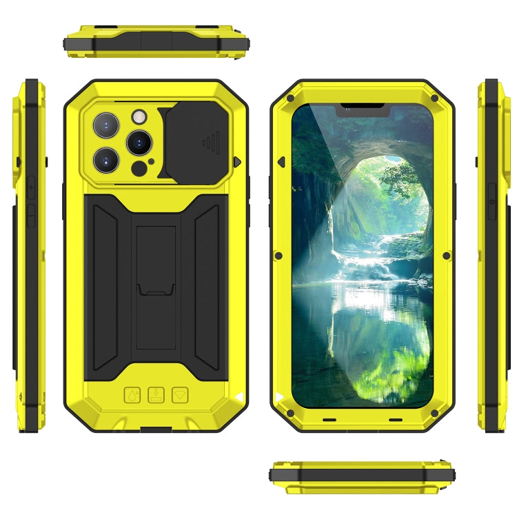 For iPhone 13 Pro R-JUST Sliding Camera Shockproof Life Waterproof Dust-proof Metal + Silicone Protective Case with Holder (Yellow) - HoMEdemic™ 