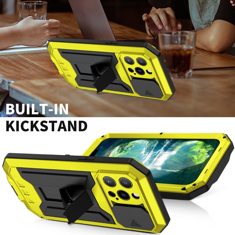 For iPhone 13 Pro R-JUST Sliding Camera Shockproof Life Waterproof Dust-proof Metal + Silicone Protective Case with Holder (Yellow) - HoMEdemic™ 