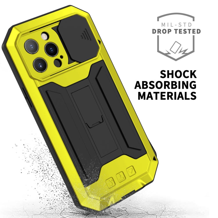 For iPhone 13 Pro R-JUST Sliding Camera Shockproof Life Waterproof Dust-proof Metal + Silicone Protective Case with Holder (Yellow) - HoMEdemic™ 