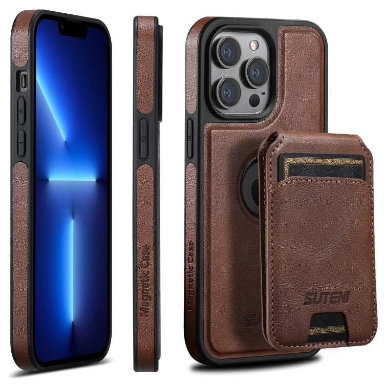 For iPhone 13 Pro Suteni M2 Oil Wax MagSafe Horizontal Card Bag Phone Case(Brown) - HoMEdemic™ 