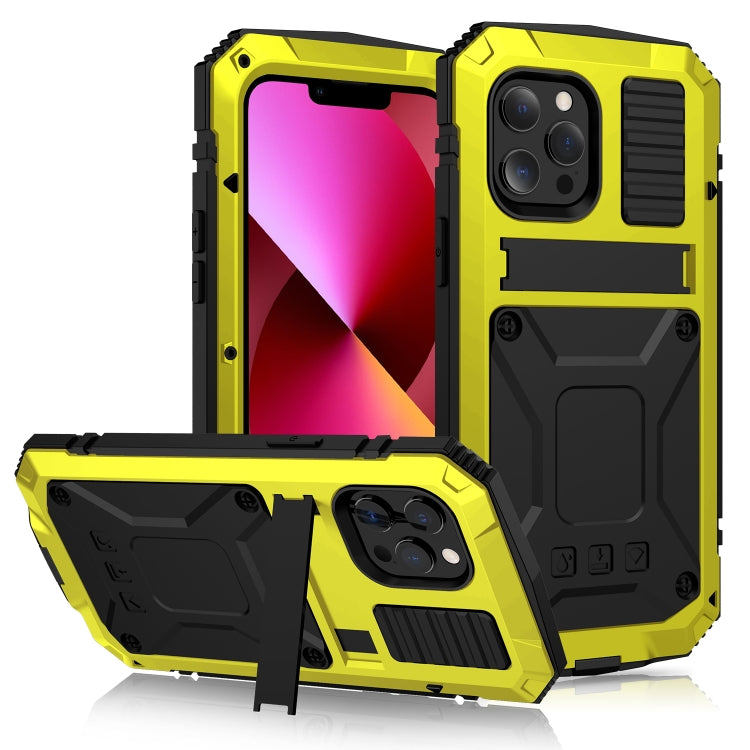 For iPhone 13 R-JUST Shockproof Waterproof Dust-proof Metal + Silicone Protective Case with Holder(Yellow) - HoMEdemic™ 