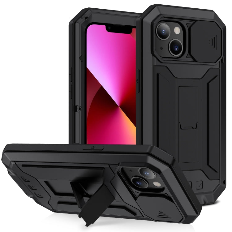 For iPhone 13 R-JUST Sliding Camera Shockproof Life Waterproof Dust-proof Metal + Silicone Protective Case with Holder(Black) - HoMEdemic™ 