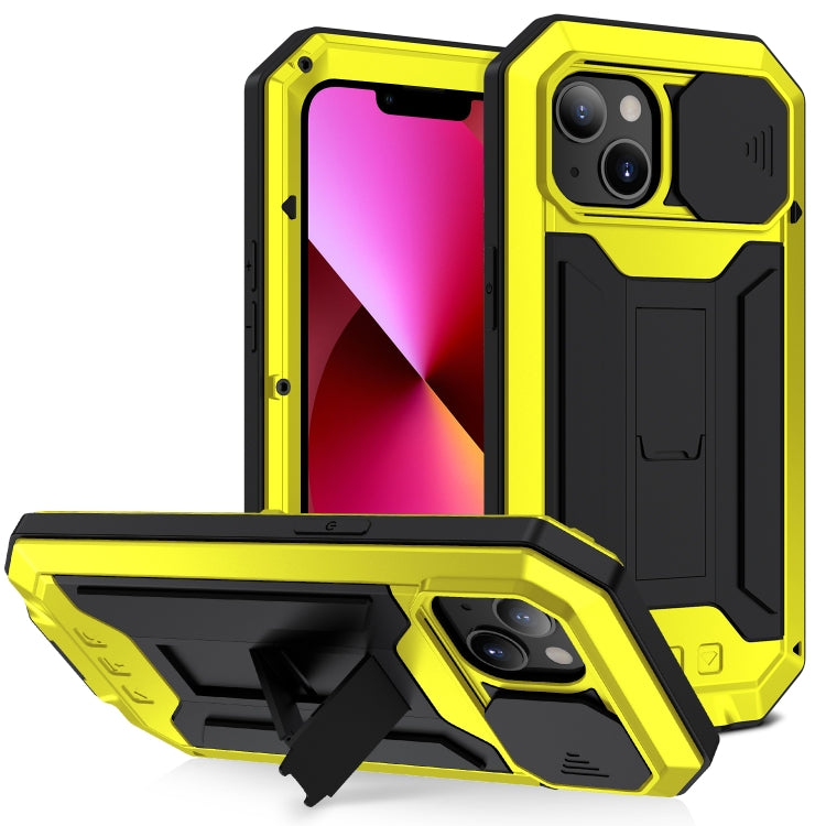 For iPhone 13 R-JUST Sliding Camera Shockproof Life Waterproof Dust-proof Metal + Silicone Protective Case with Holder(Yellow) - HoMEdemic™ 