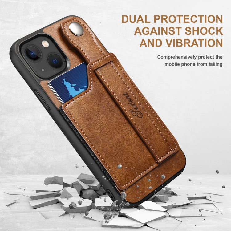 For iPhone 13 Suteni 215 Wrist Strap PU Phone Case(Brown) - HoMEdemic™ 