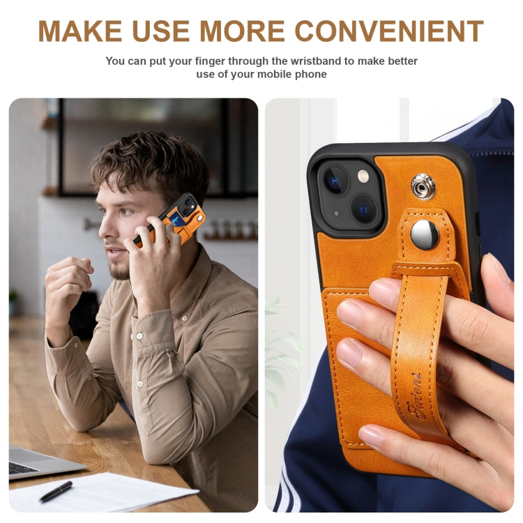 For iPhone 13 Suteni 215 Wrist Strap PU Phone Case(Khaki) - HoMEdemic™ 