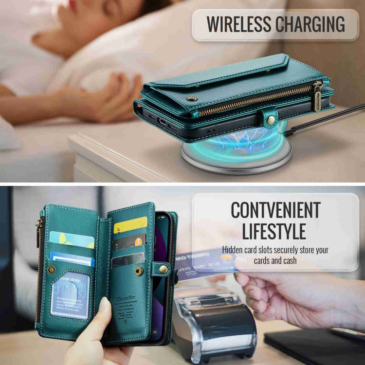 For iPhone 13 mini CaseMe C36 Card Slots Zipper Wallet RFID Anti-theft Leather Phone Case(Blue-green) - HoMEdemic™ 