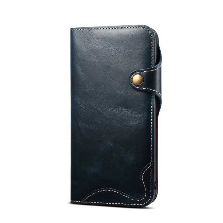 For iPhone 13 mini Denior Oil Wax Cowhide Magnetic Button Genuine Leather Case(Dark Blue) - HoMEdemic™ 