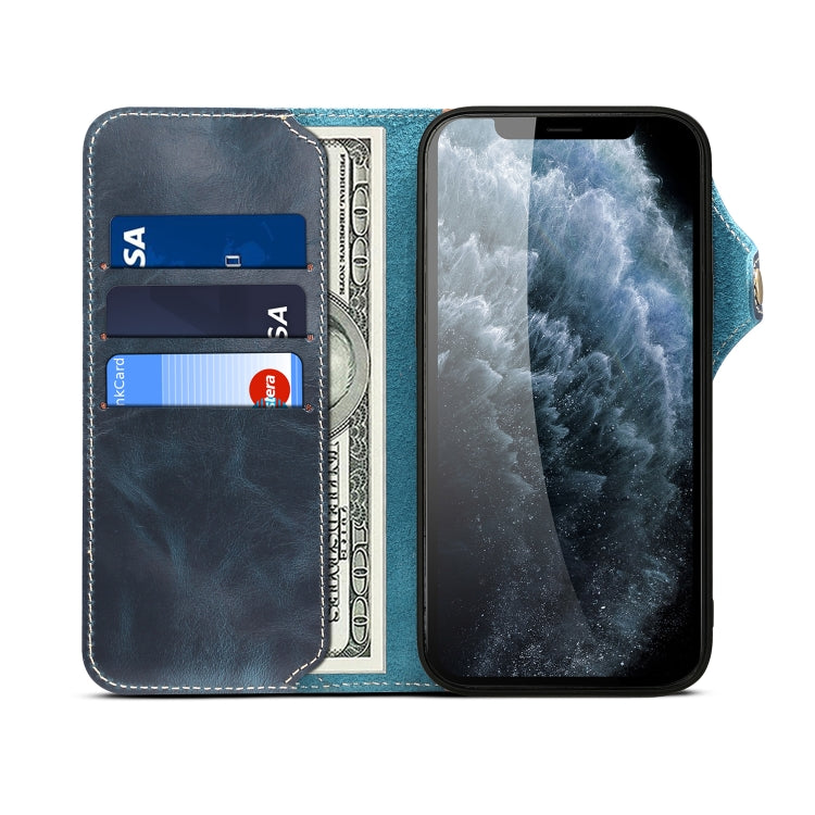For iPhone 13 mini Denior Oil Wax Cowhide Magnetic Button Genuine Leather Case(Dark Blue) - HoMEdemic™ 