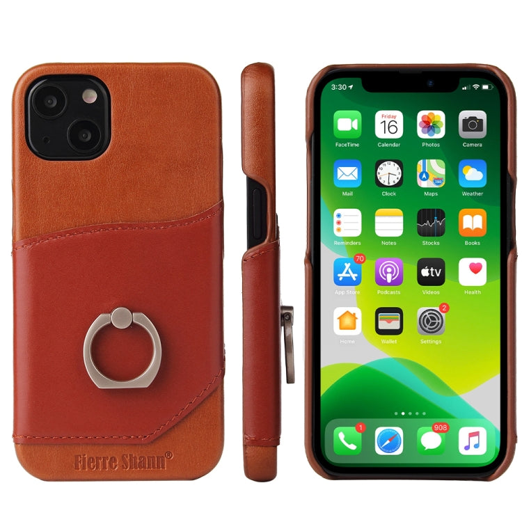 For iPhone 13 mini Fierre Shann Oil Wax Texture Genuine Leather Back Cover Case with 360 Degree Rotation Holder & Card Slot (Brown) - HoMEdemic™ 