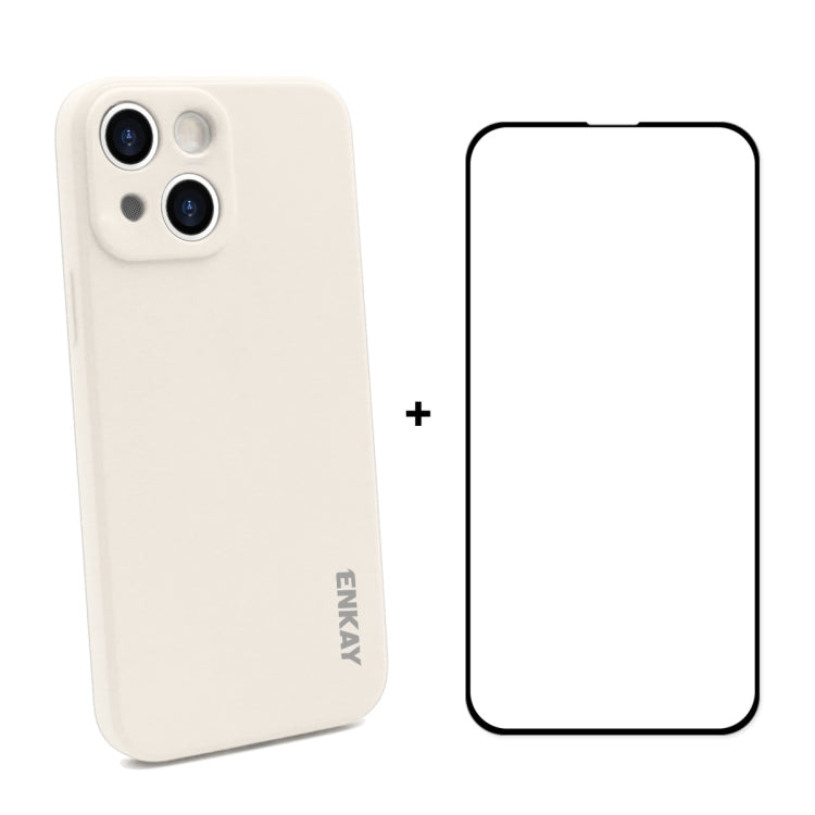 For iPhone 13 mini Hat-Prince ENKAY Liquid Silicone Shockproof Protective Case Drop Protection Cover + Full Coverage Tempered Glass Protector Film (Beige) - HoMEdemic™ 