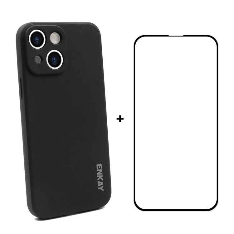 For iPhone 13 mini Hat-Prince ENKAY Liquid Silicone Shockproof Protective Case Drop Protection Cover + Full Coverage Tempered Glass Protector Film (Black) - HoMEdemic™ 