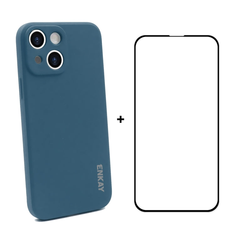 For iPhone 13 mini Hat-Prince ENKAY Liquid Silicone Shockproof Protective Case Drop Protection Cover + Full Coverage Tempered Glass Protector Film (Dark Blue) - HoMEdemic™ 