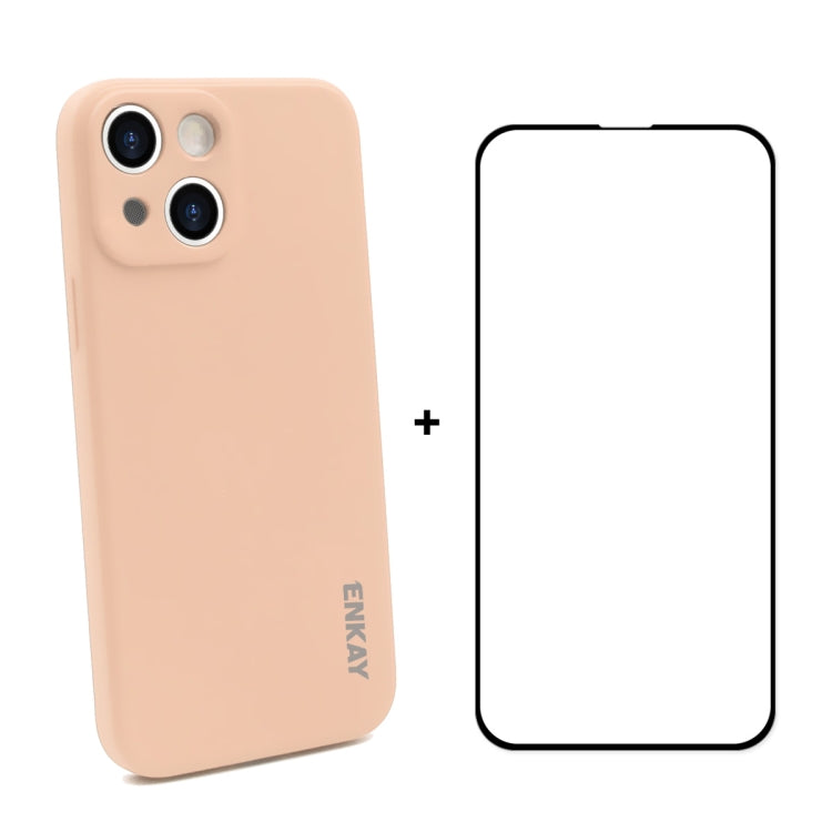 For iPhone 13 mini Hat-Prince ENKAY Liquid Silicone Shockproof Protective Case Drop Protection Cover + Full Coverage Tempered Glass Protector Film (Pink) - HoMEdemic™ 
